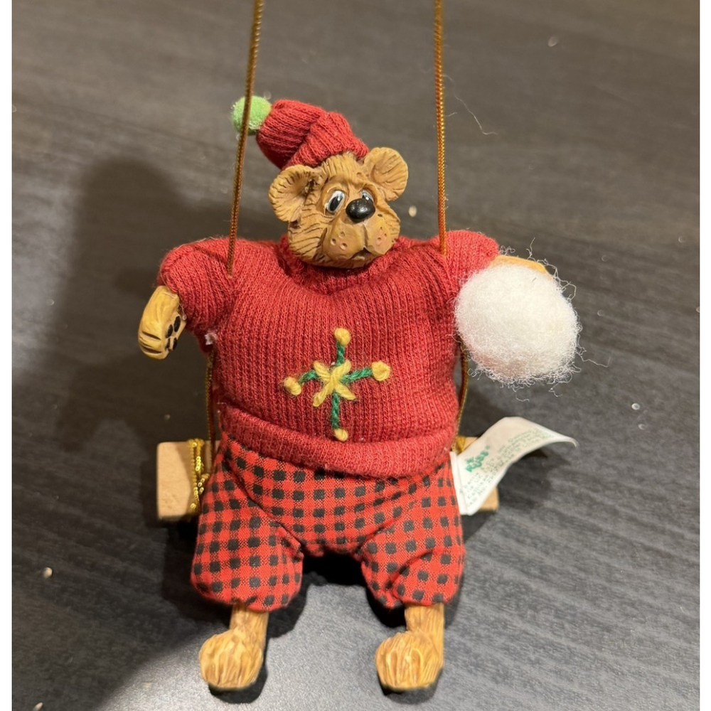 Russ Berrie Christmas Country Folks Ornament Bear On A Swing Read Sweater 5" H